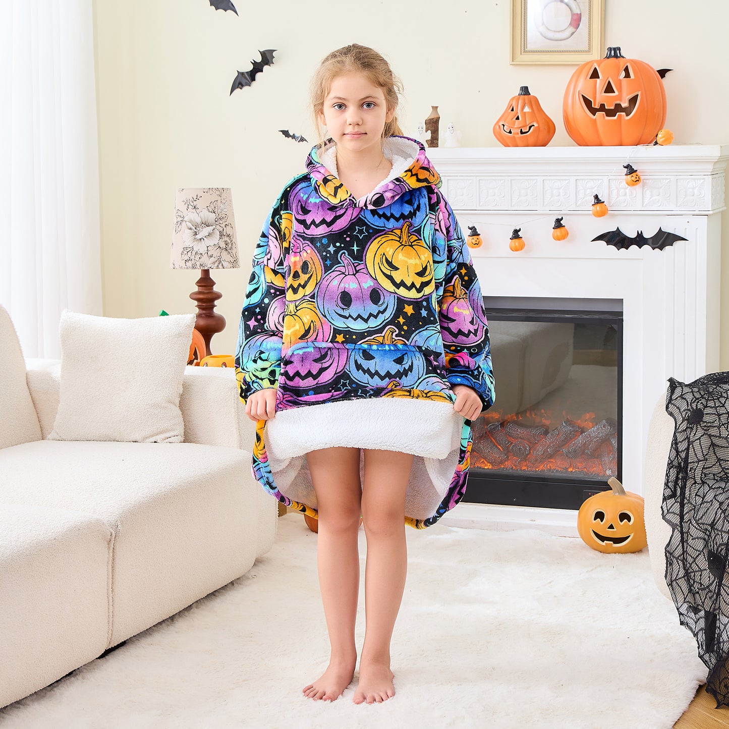 Jack-O’-Lantern Grin Hoodie Blanket for Kids