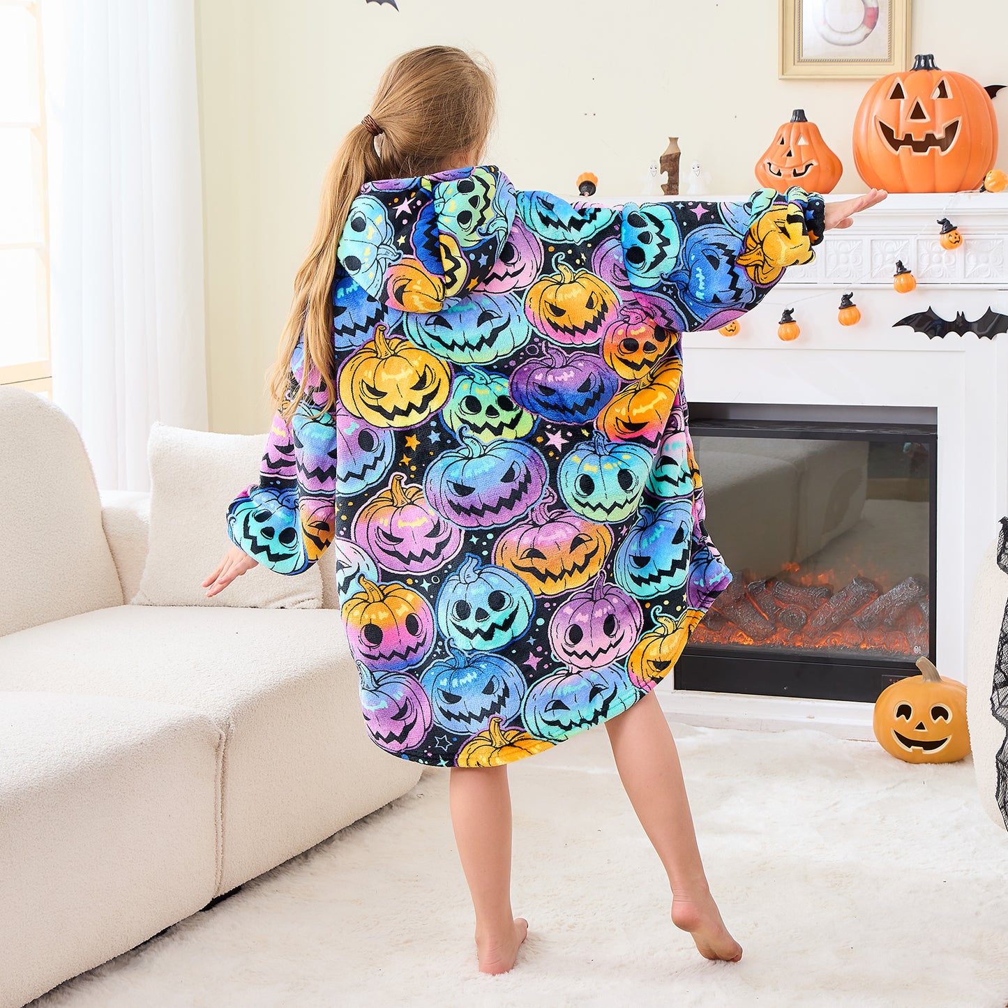 Jack-O’-Lantern Grin Hoodie Blanket for Kids