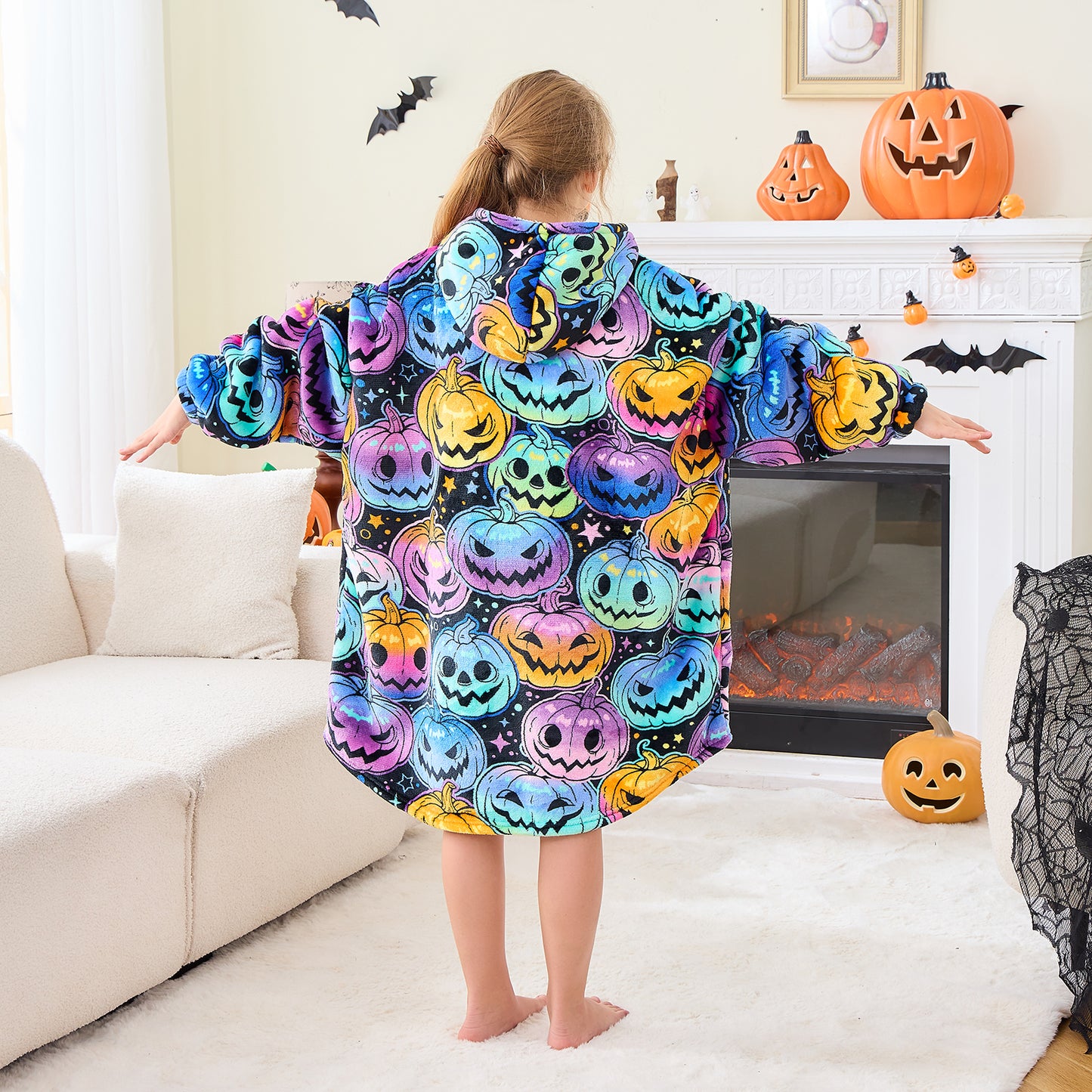 Jack-O’-Lantern Grin Hoodie Blanket for Kids