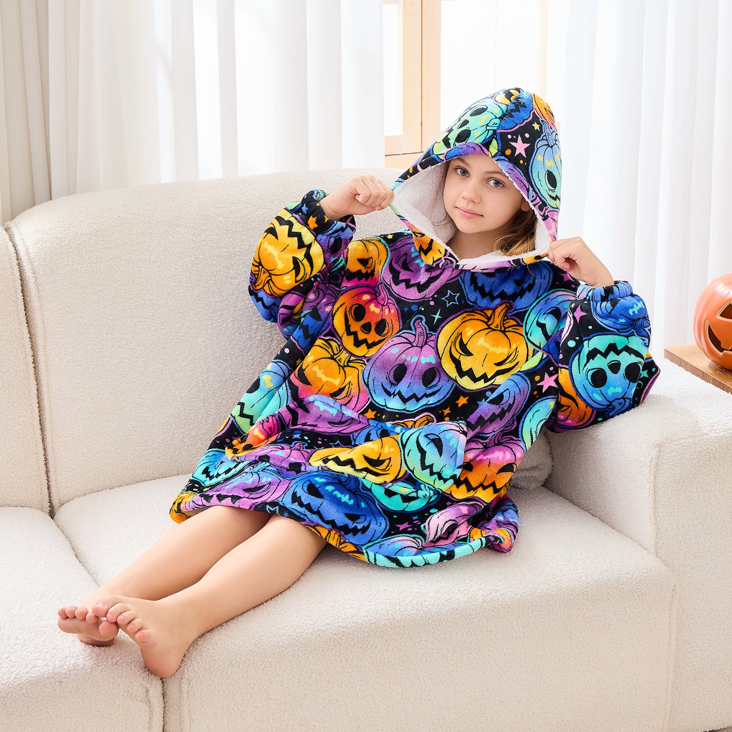 Jack-O’-Lantern Grin Hoodie Blanket for Kids