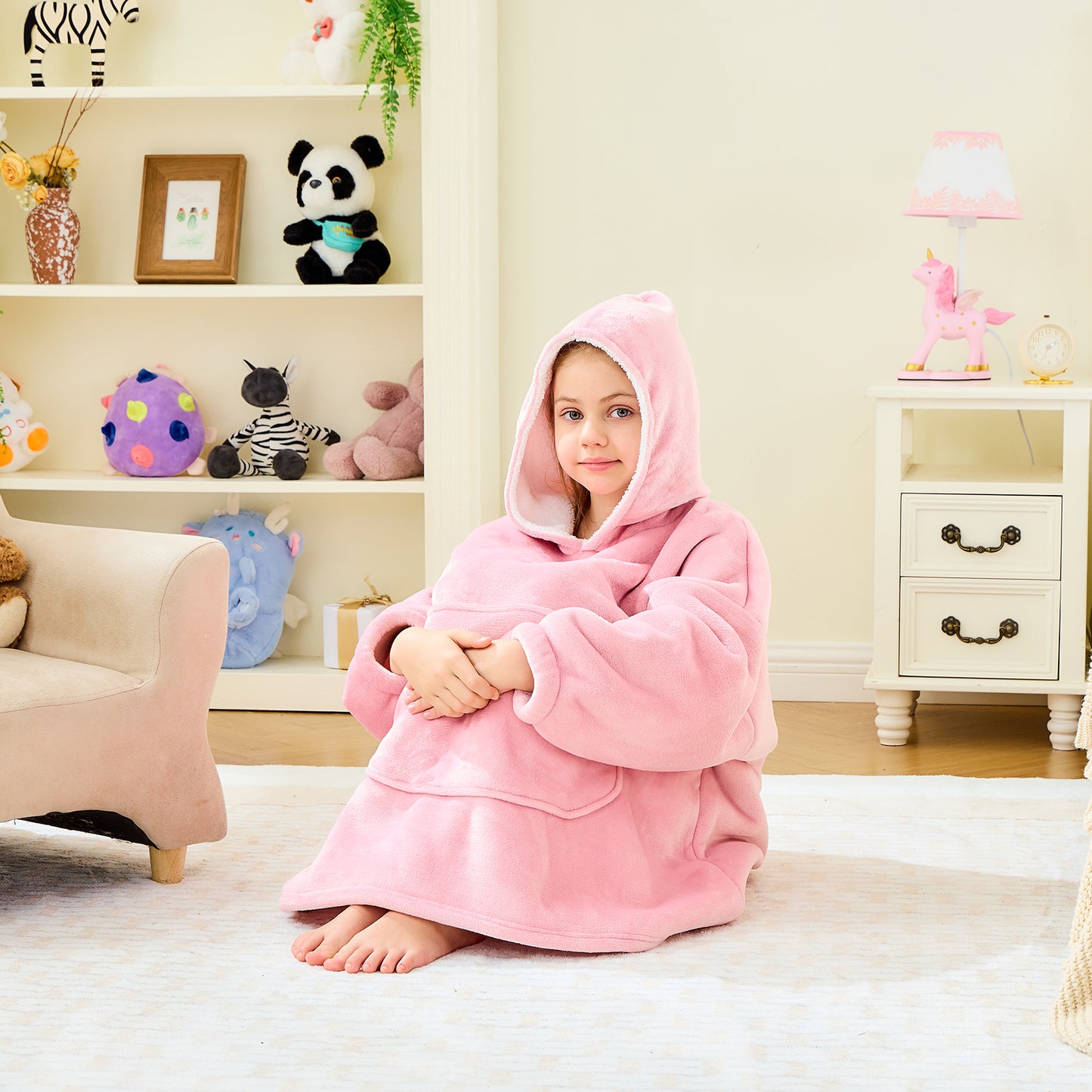 Kids Oversized Hoodie Blanket – Pink Sherpa Fleece Wearable Blanket