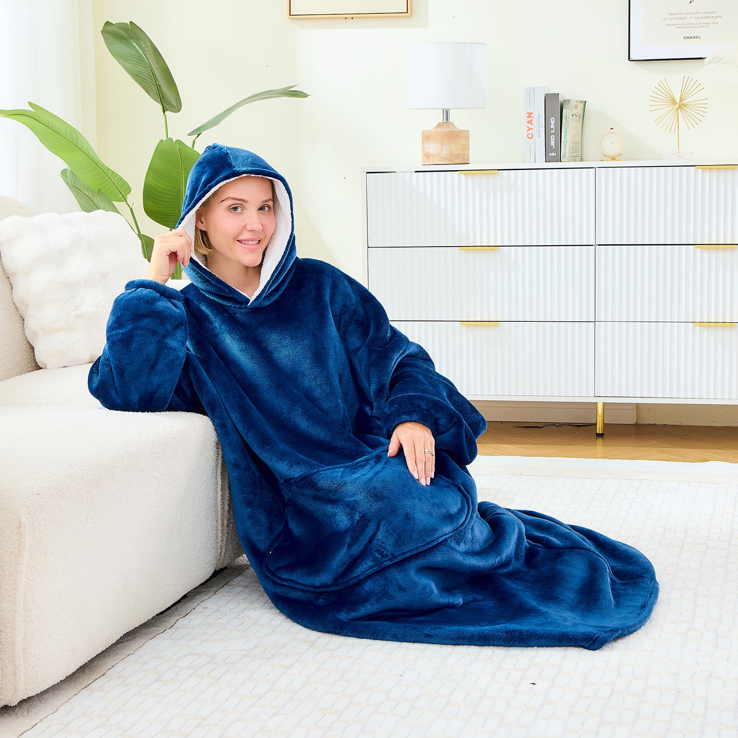 Navy Blue Oversized Sherpa Hoodie Blankets
