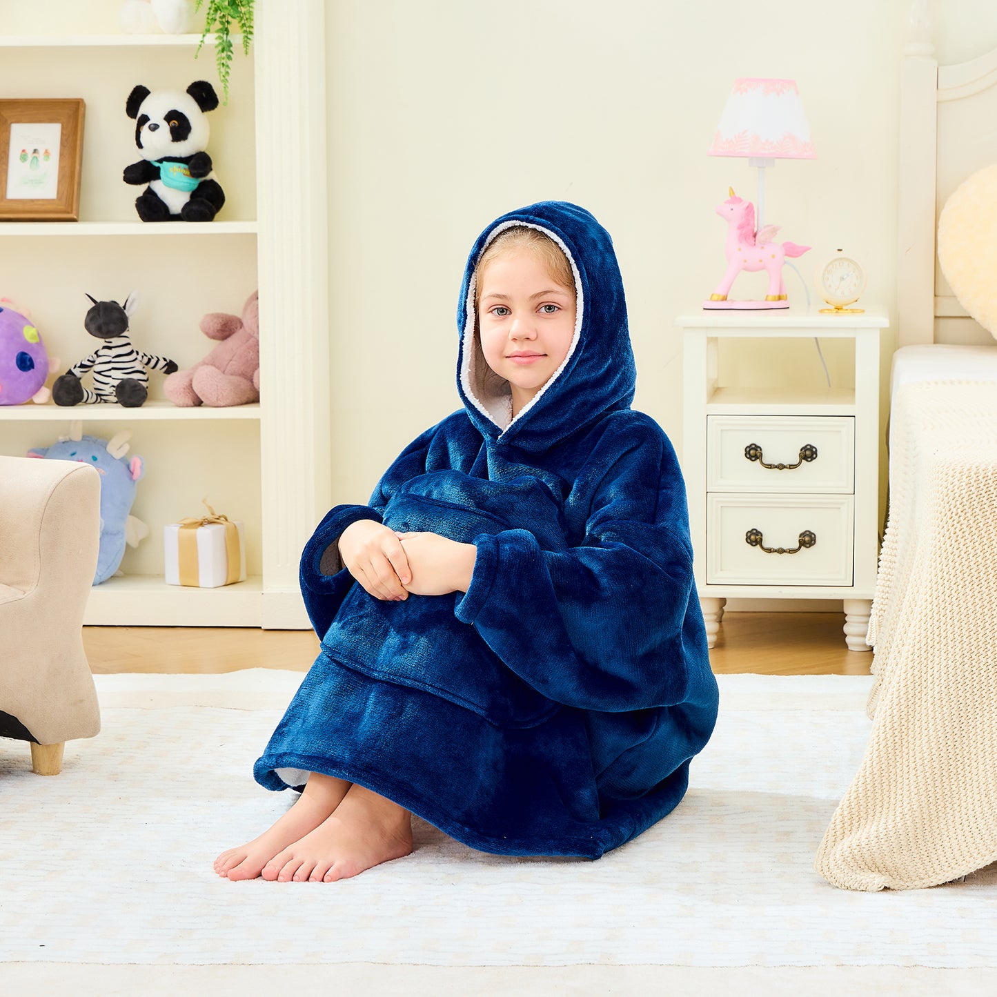 Navy Luxury Hooded Blanket Sherpa Lined for Kids
