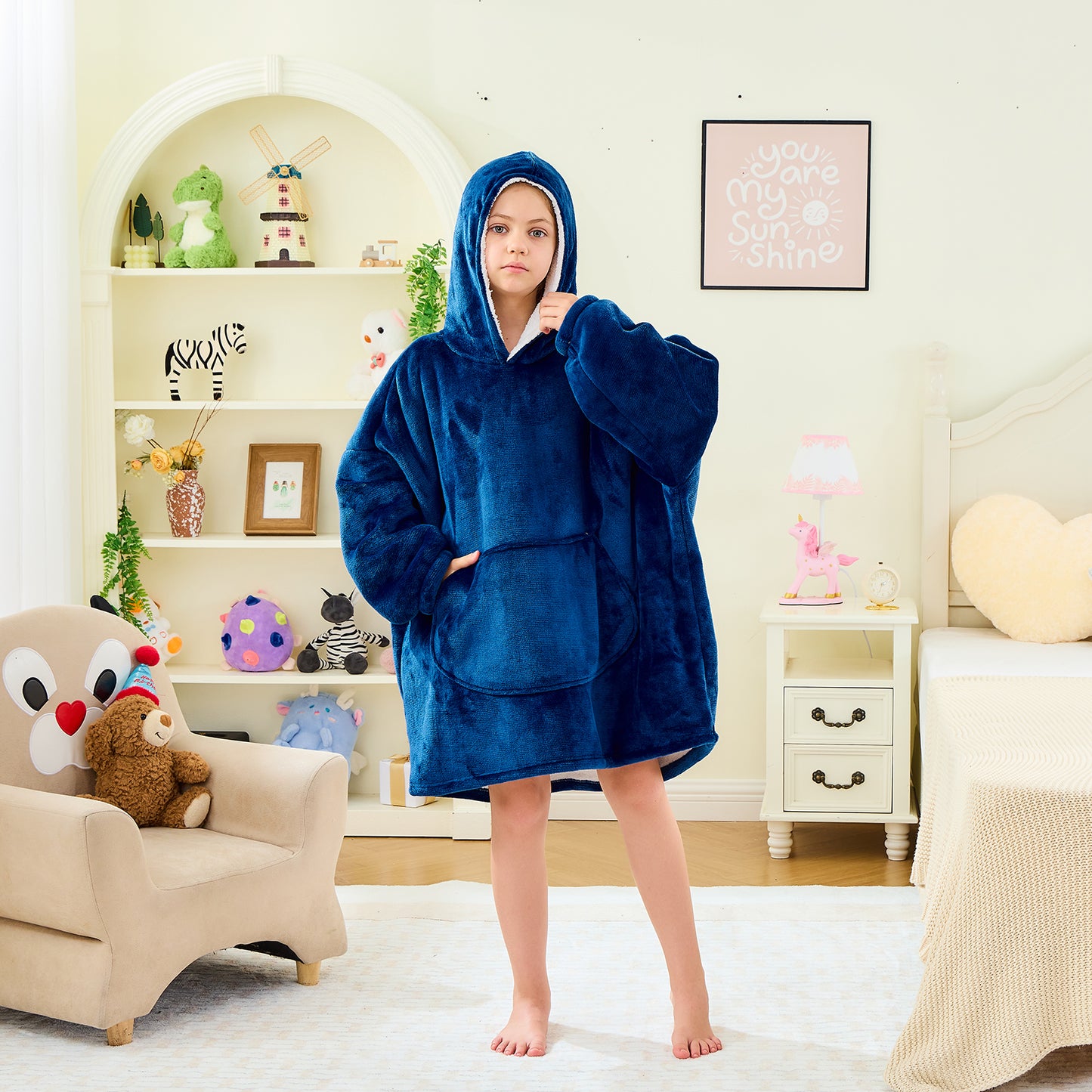 Navy Luxury Hooded Blanket Sherpa Lined for Kids