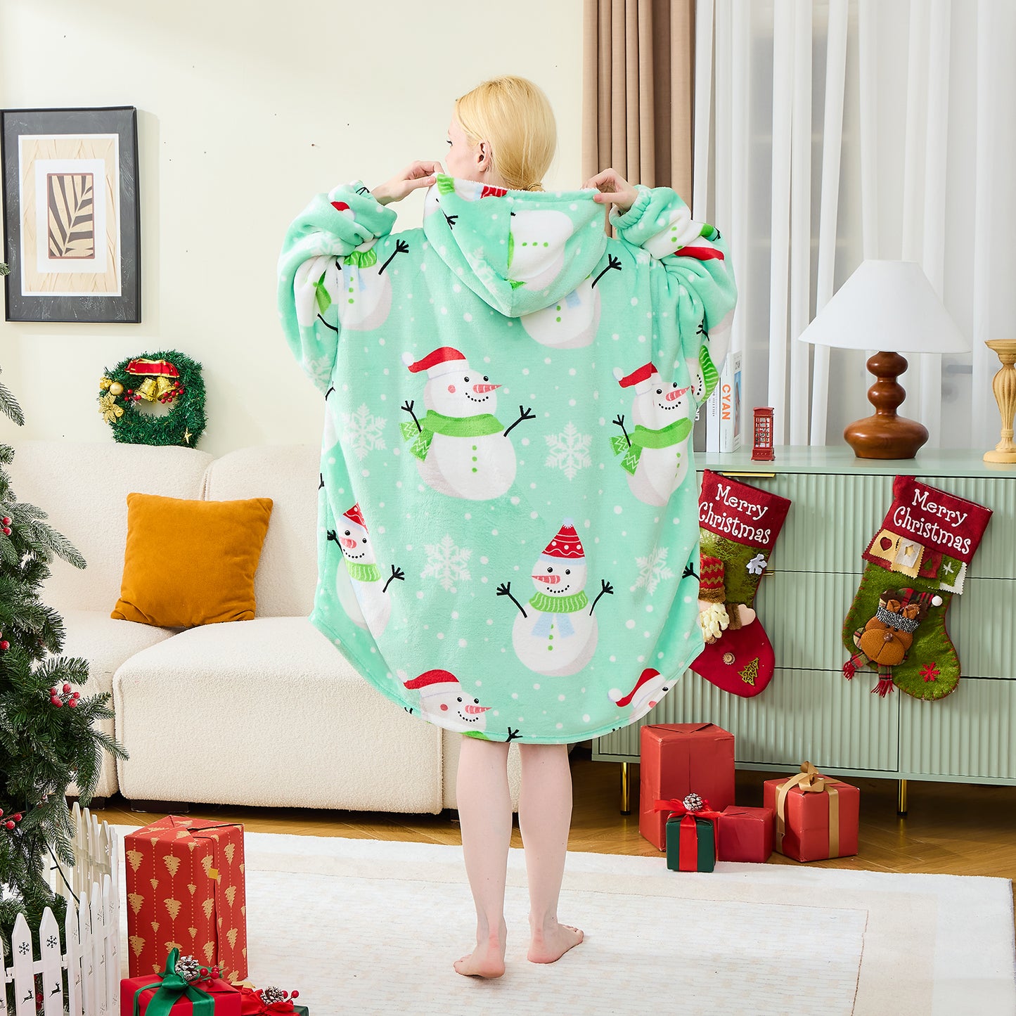 Novelty Snowman Patterns Christmas Hoodie Blanket