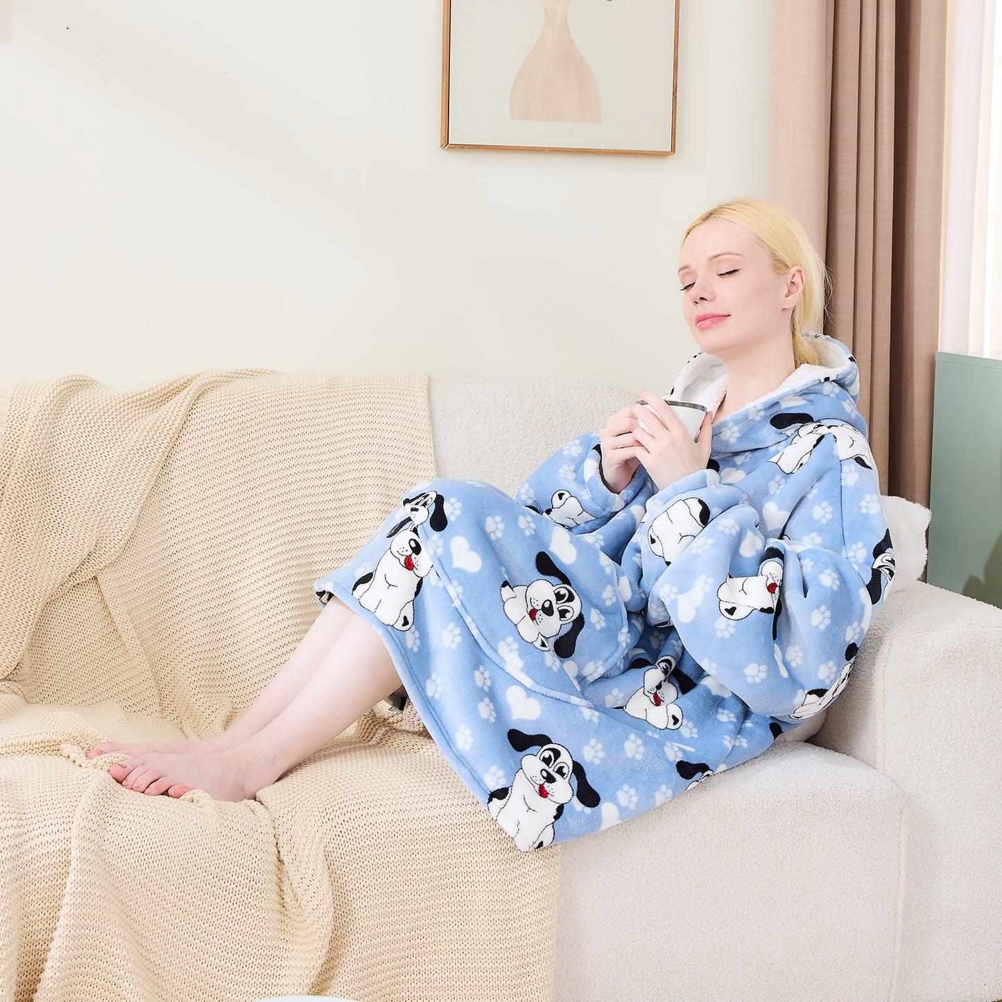 Big-Eared Dog Print Sherpa Fleece Big Blanket Hoodie for Adults & Teens