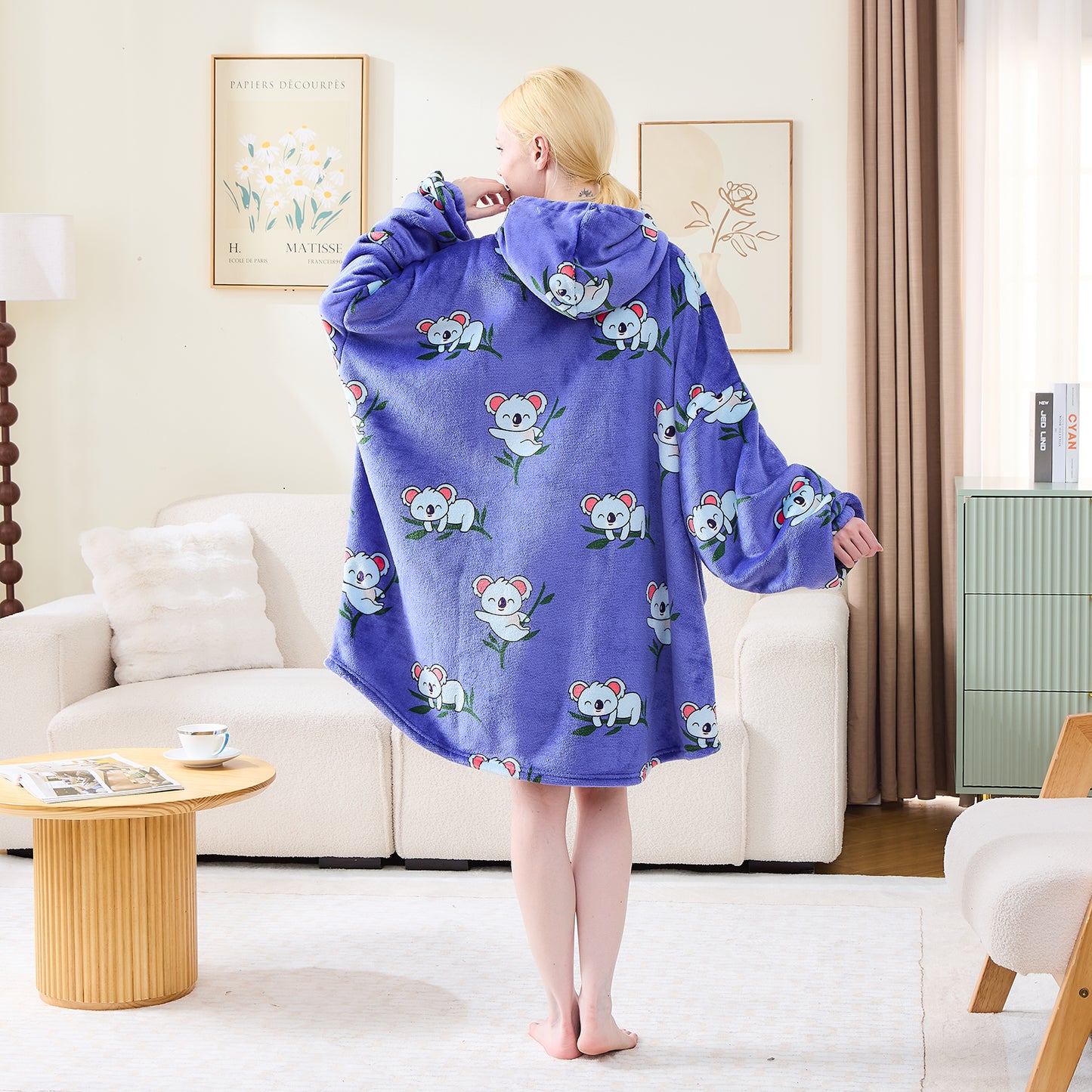 Koala Print Oversized Hoodie Blanket – Sherpa Lined Wearable Blanket