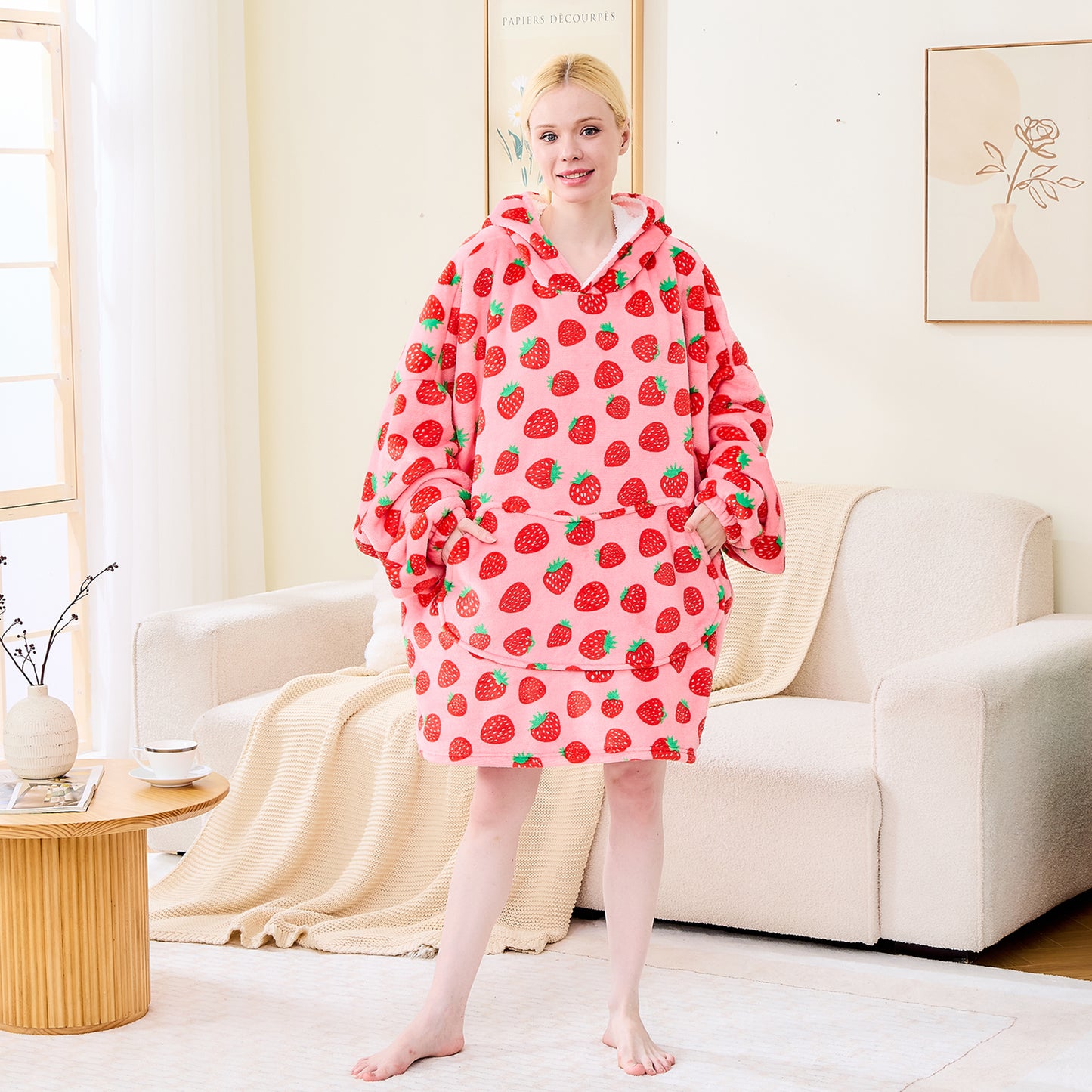 Strawberry Print Sherpa Lined Wearable Blanket Hoodie