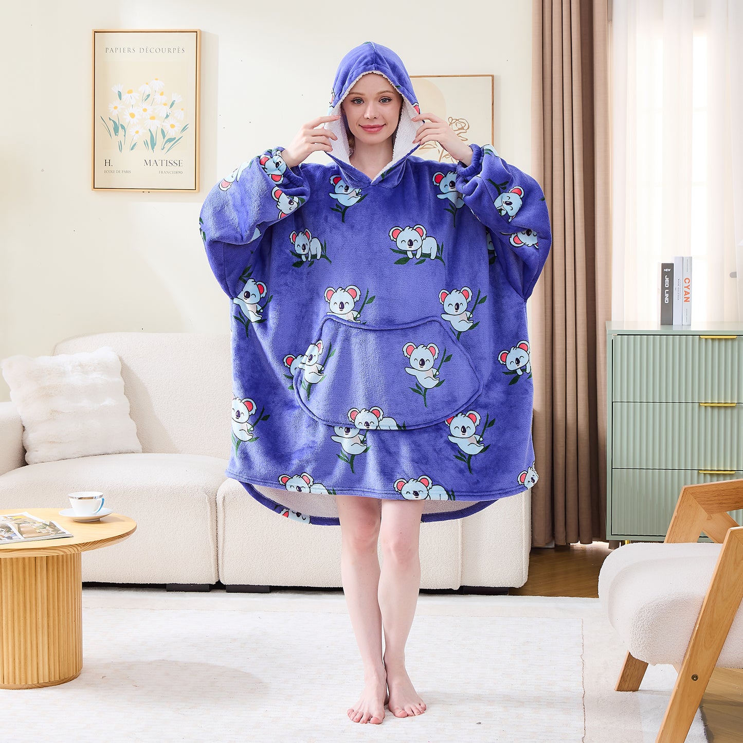 Koala Print Oversized Hoodie Blanket – Sherpa Lined Wearable Blanket