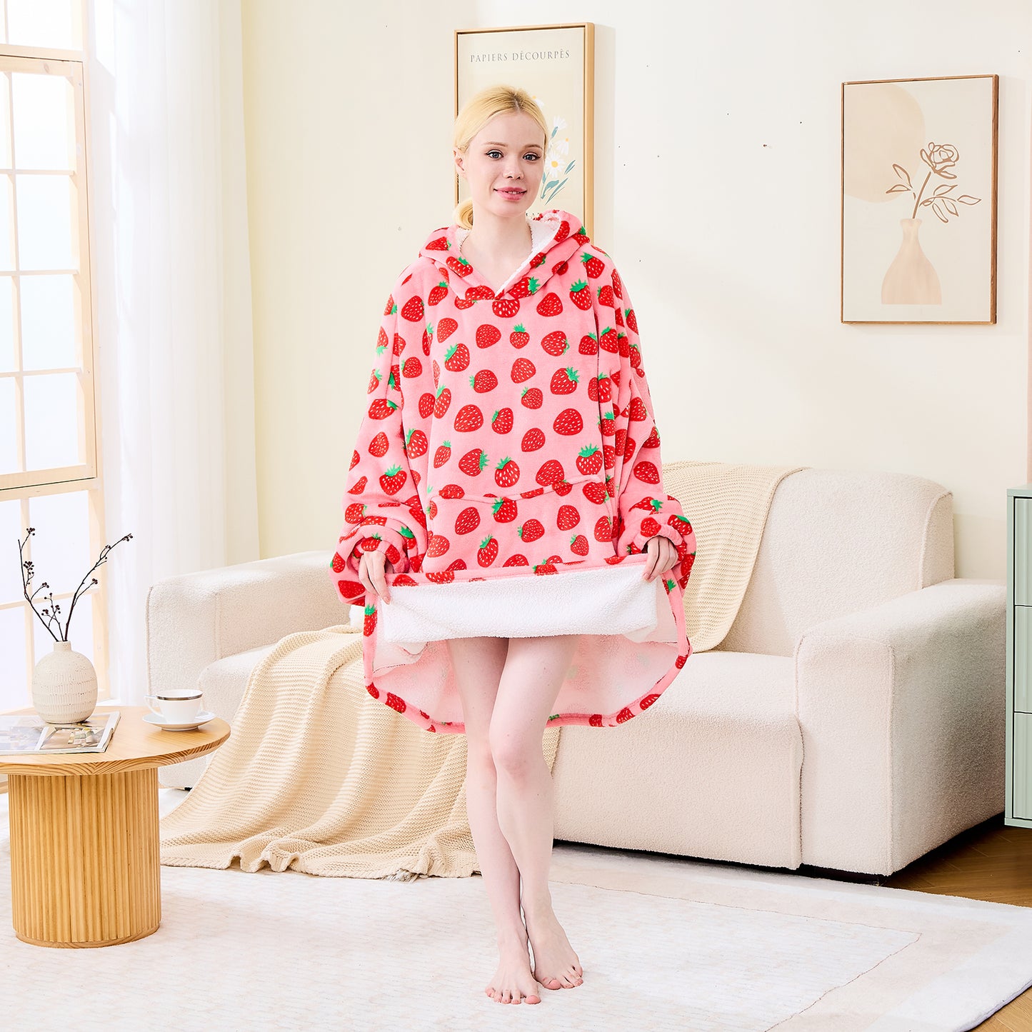 Strawberry Print Sherpa Lined Wearable Blanket Hoodie