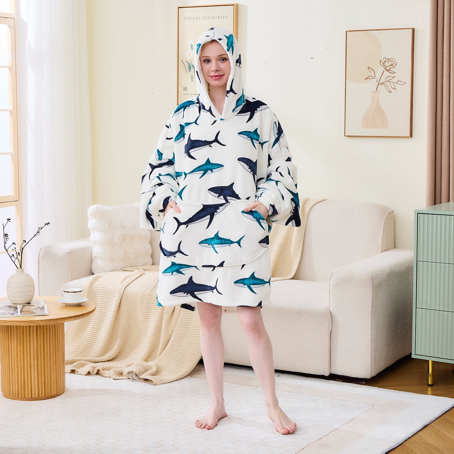 Shark Print Oversized Cosy Sherpa Lined Blanket Hoodie
