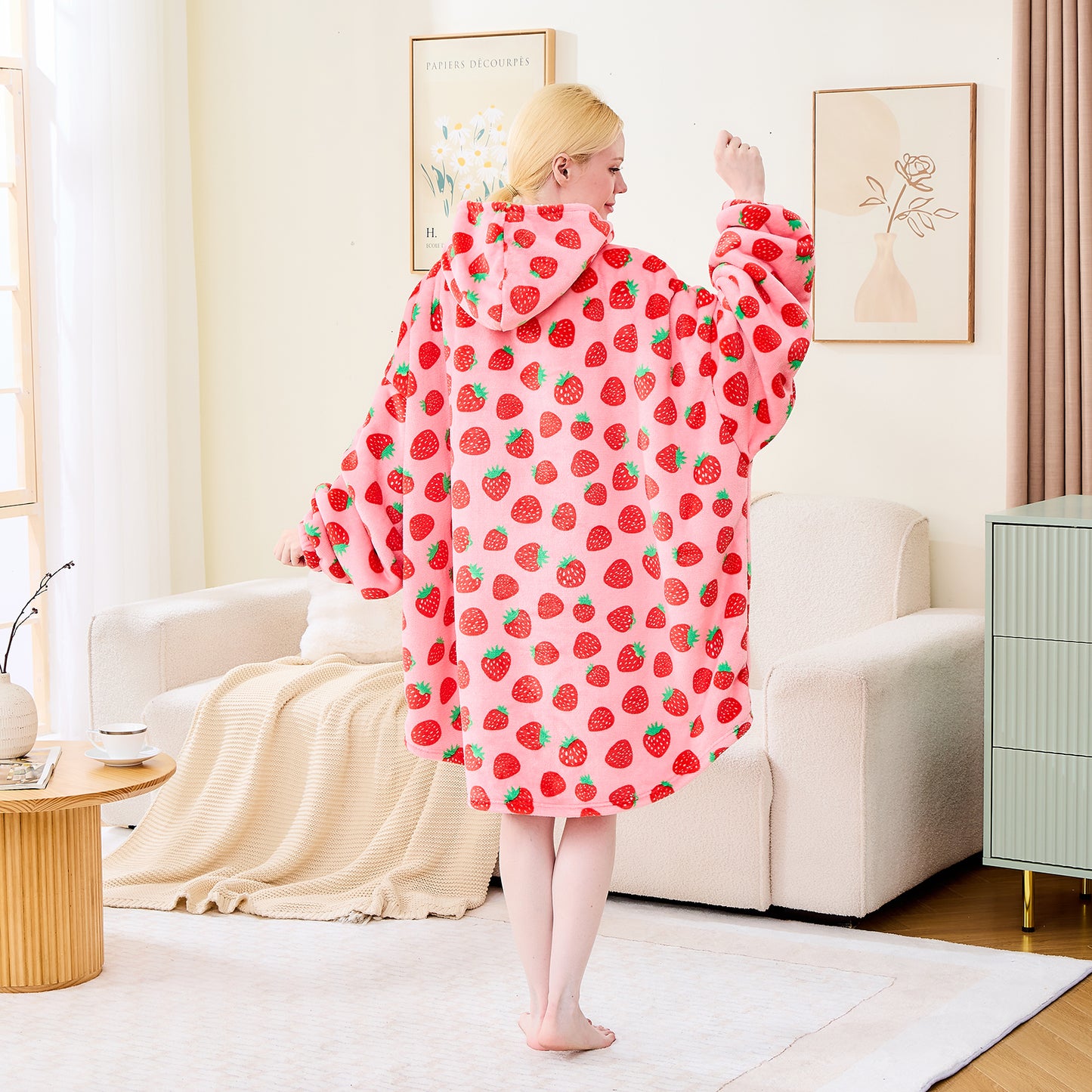 Strawberry Print Sherpa Lined Wearable Blanket Hoodie