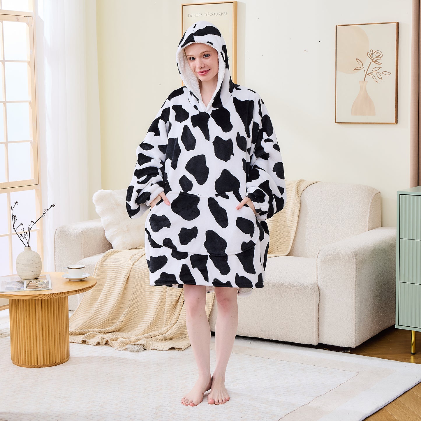 Cow Print Roomy Hoodie Blanket – Fluffy Cosy Wear for Adults & Teens