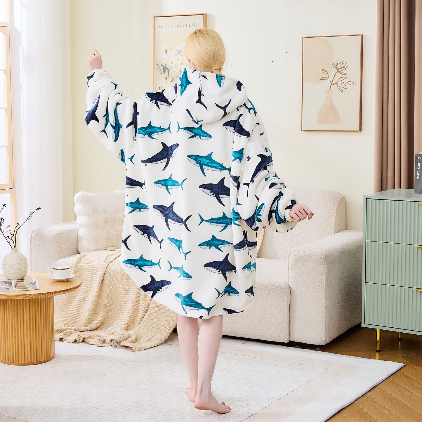 Shark Print Oversized Cosy Sherpa Lined Blanket Hoodie