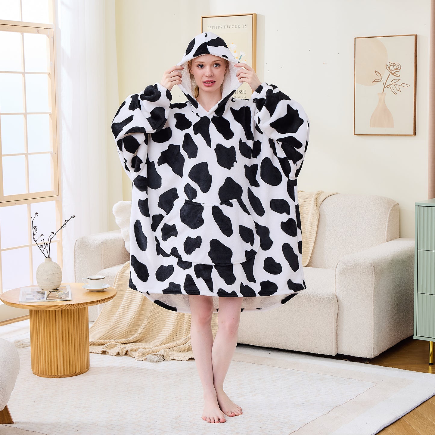 Cow Print Roomy Hoodie Blanket – Fluffy Cosy Wear for Adults & Teens