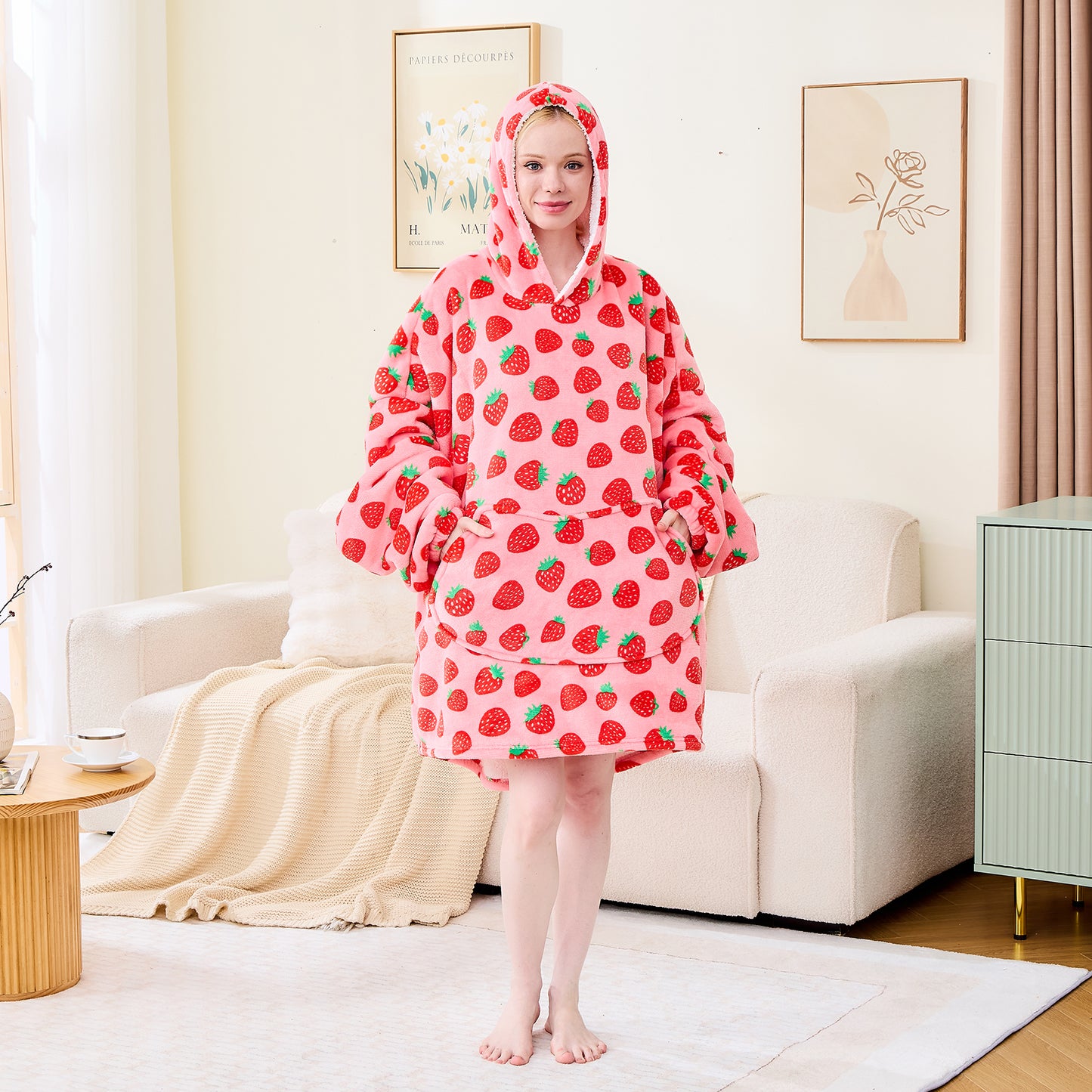 Strawberry Print Sherpa Lined Wearable Blanket Hoodie