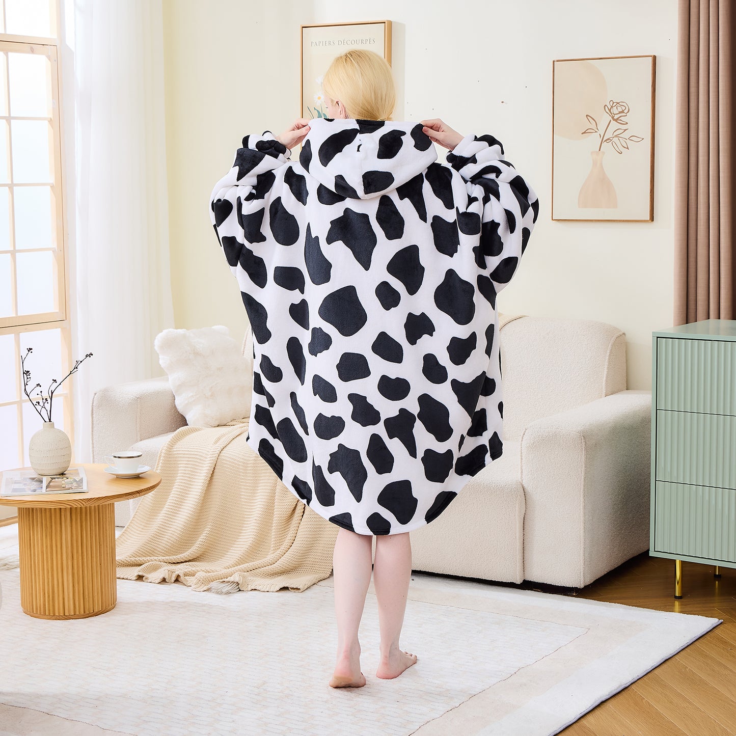 Cow Print Roomy Hoodie Blanket – Fluffy Cosy Wear for Adults & Teens
