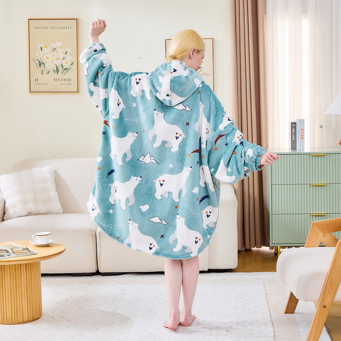 Polar Bear Print Sherpa Lined Hoodie Blanket for Adults & Teens
