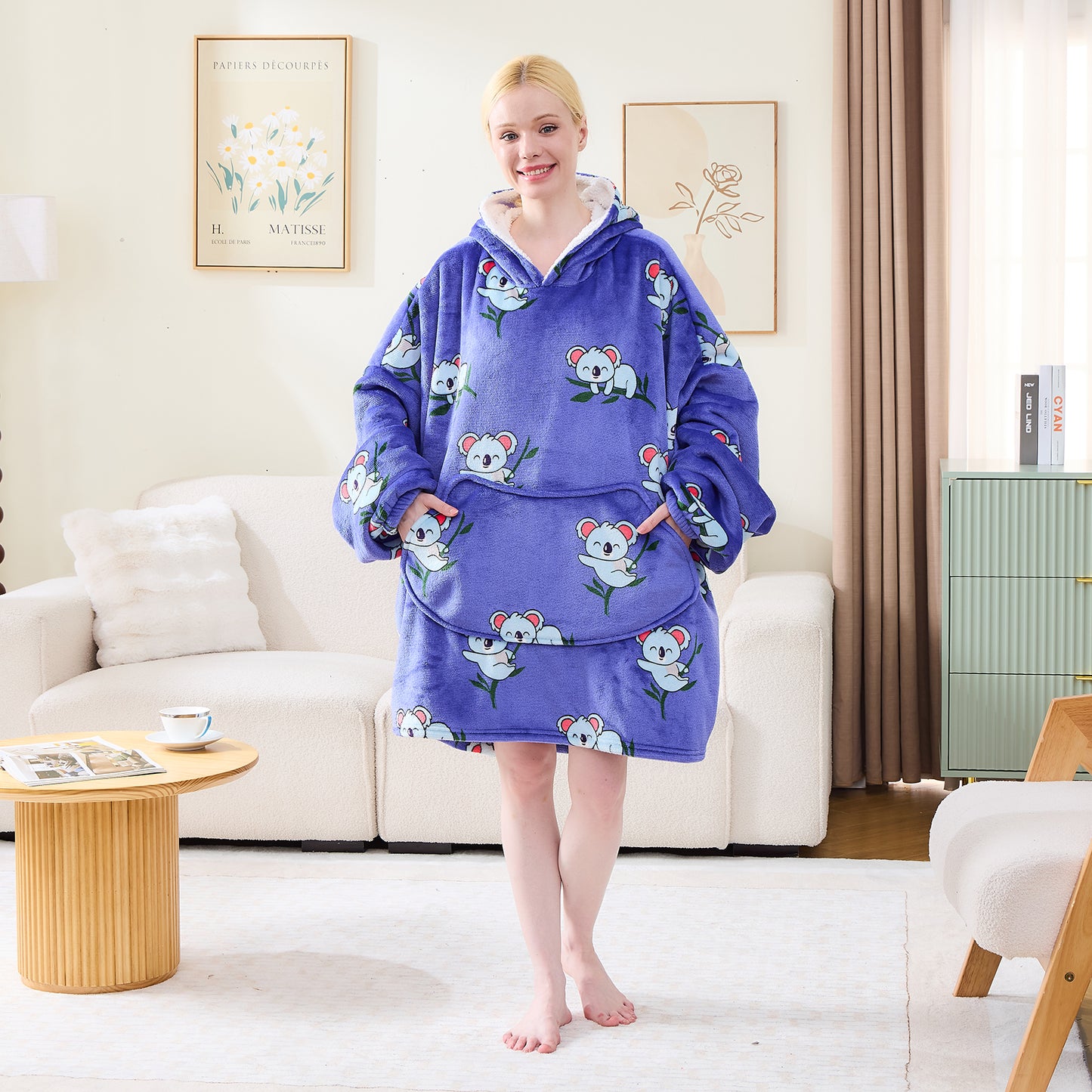 Koala Print Oversized Hoodie Blanket – Sherpa Lined Wearable Blanket