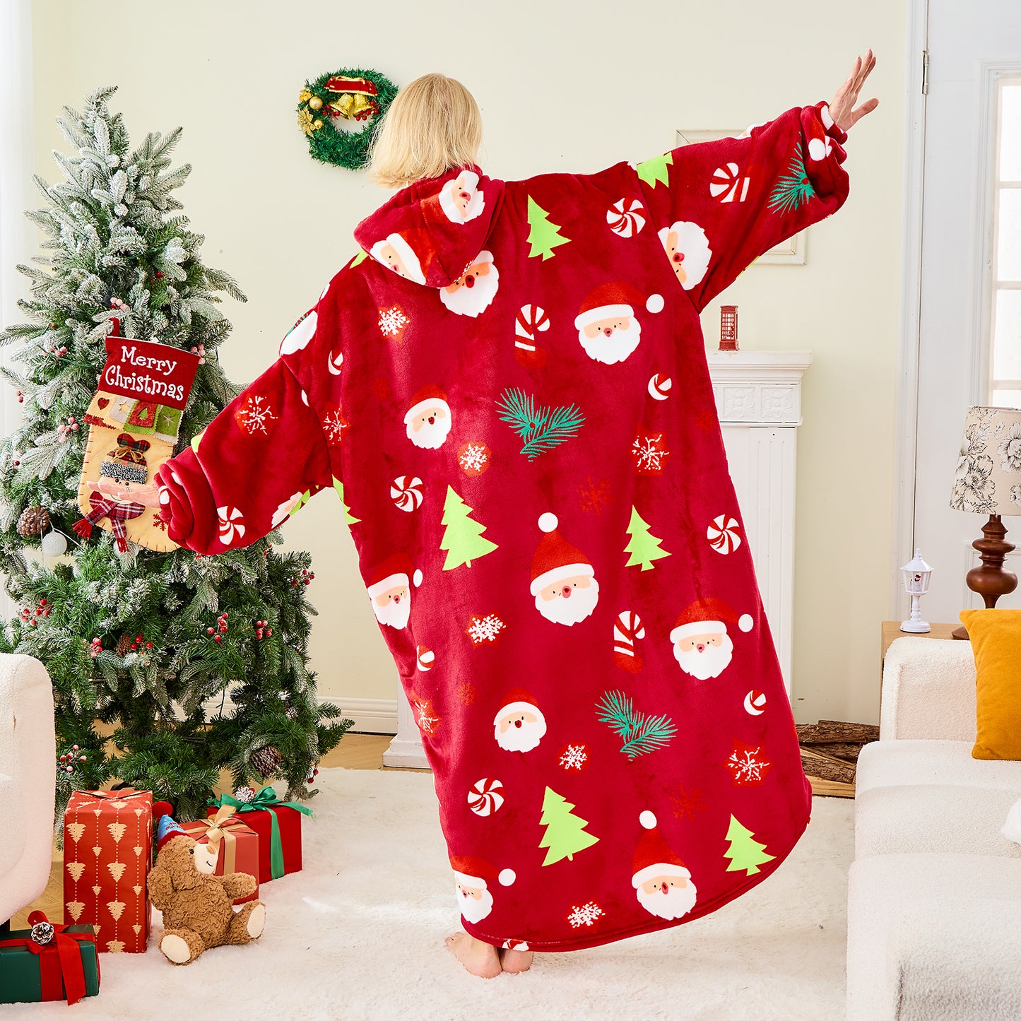 Santa Christmas Hoodie Blanket – Oversized Wearable Blanket