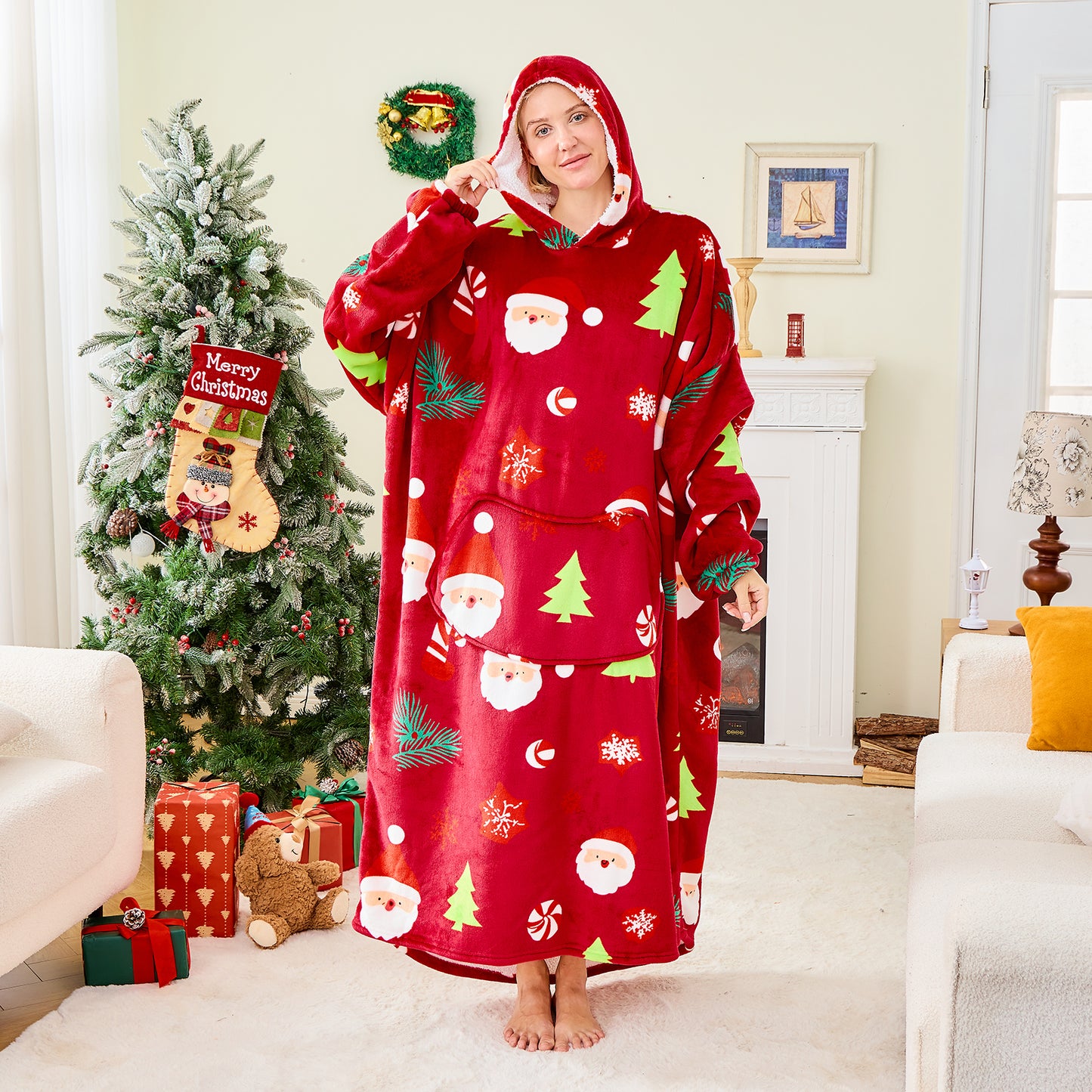 Santa Christmas Hoodie Blanket – Oversized Wearable Blanket