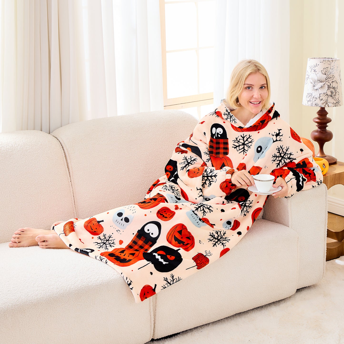 Ghost & Pumpkin Wearable Blanket Hoodie Cozy Oversized