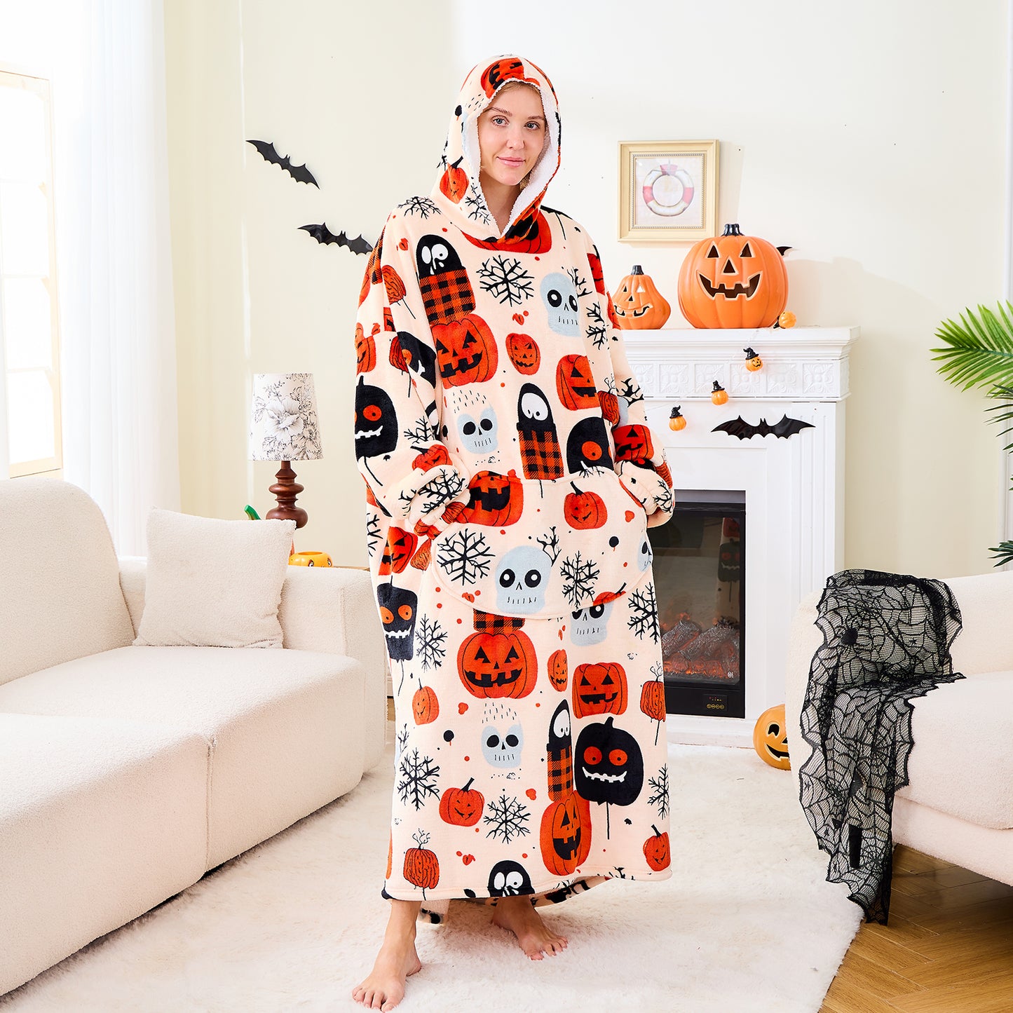 Ghost & Pumpkin Wearable Blanket Hoodie Cozy Oversized