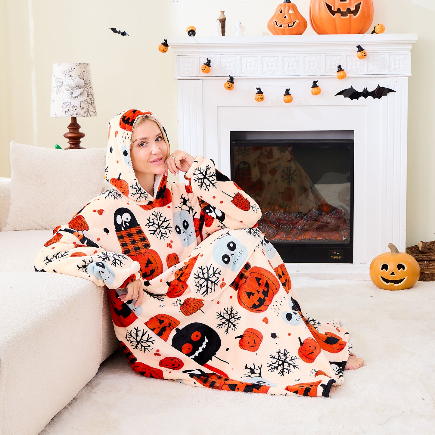 Ghost & Pumpkin Wearable Blanket Hoodie Cozy Oversized