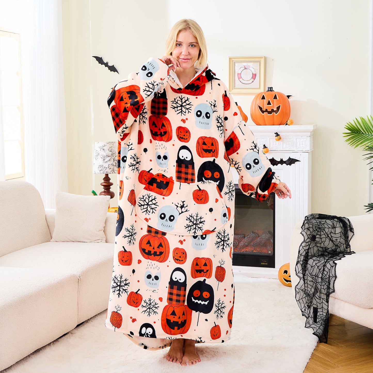Ghost & Pumpkin Wearable Blanket Hoodie Cozy Oversized