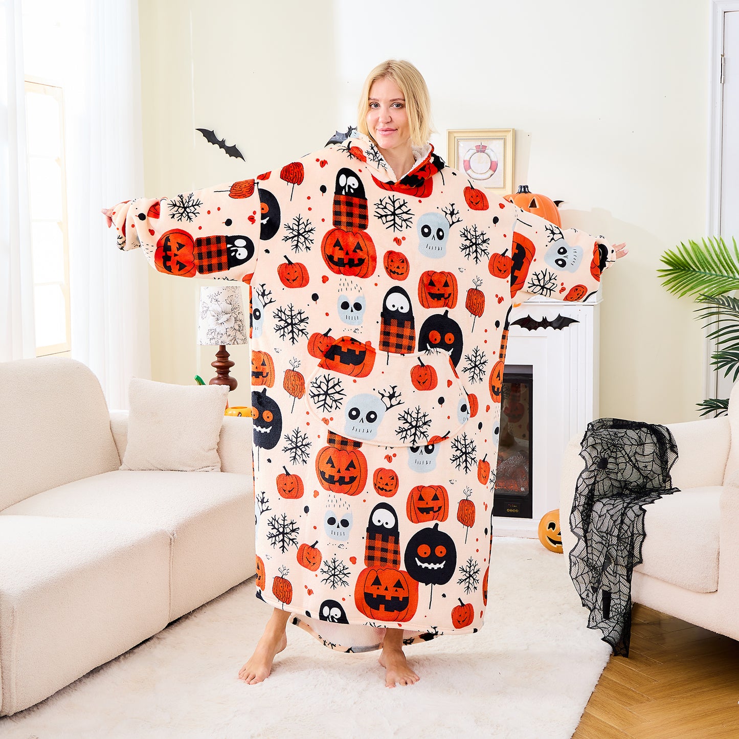 Ghost & Pumpkin Wearable Blanket Hoodie Cozy Oversized