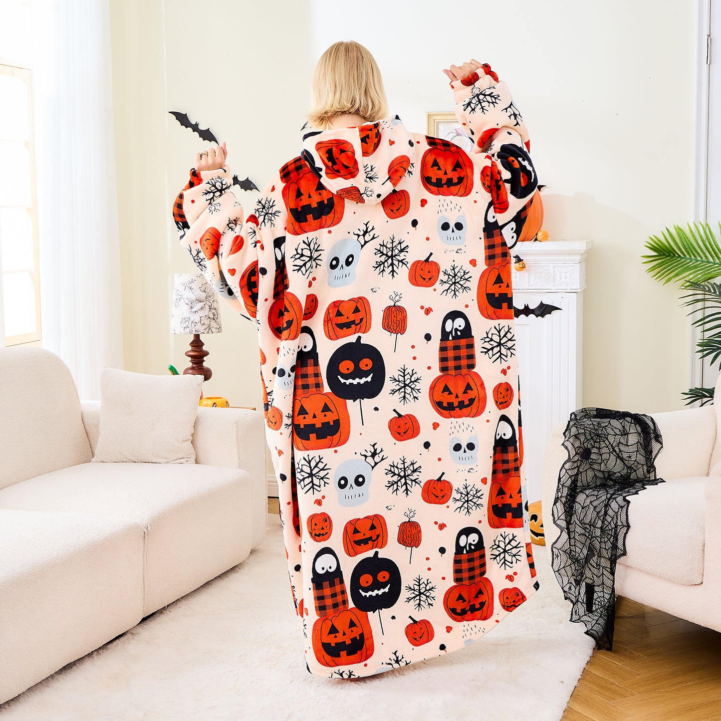 Ghost & Pumpkin Wearable Blanket Hoodie Cozy Oversized