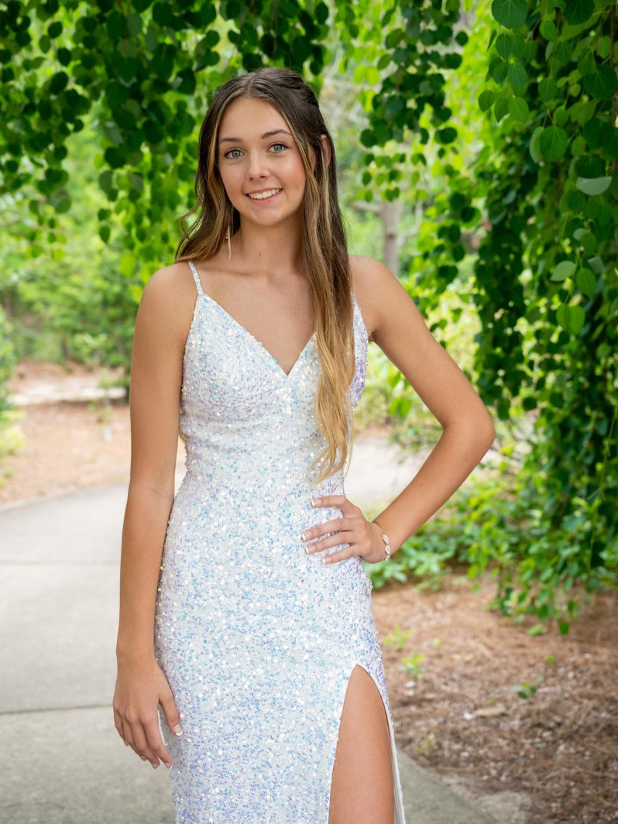 Spaghetti Strap V Neck Velvet Sequin Prom Dresses