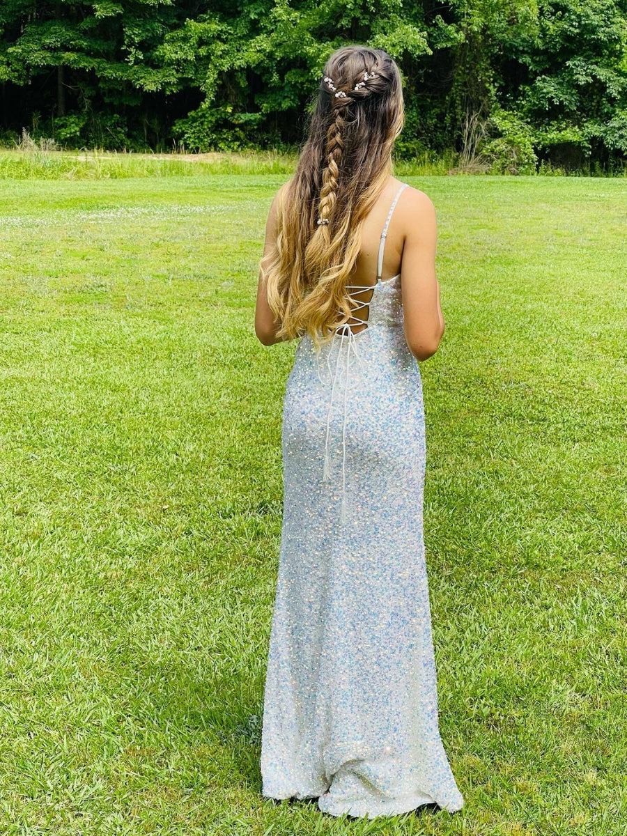 Spaghetti Strap V Neck Velvet Sequin Prom Dresses