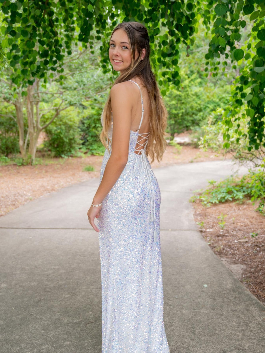 Spaghetti Strap V Neck Velvet Sequin Prom Dresses