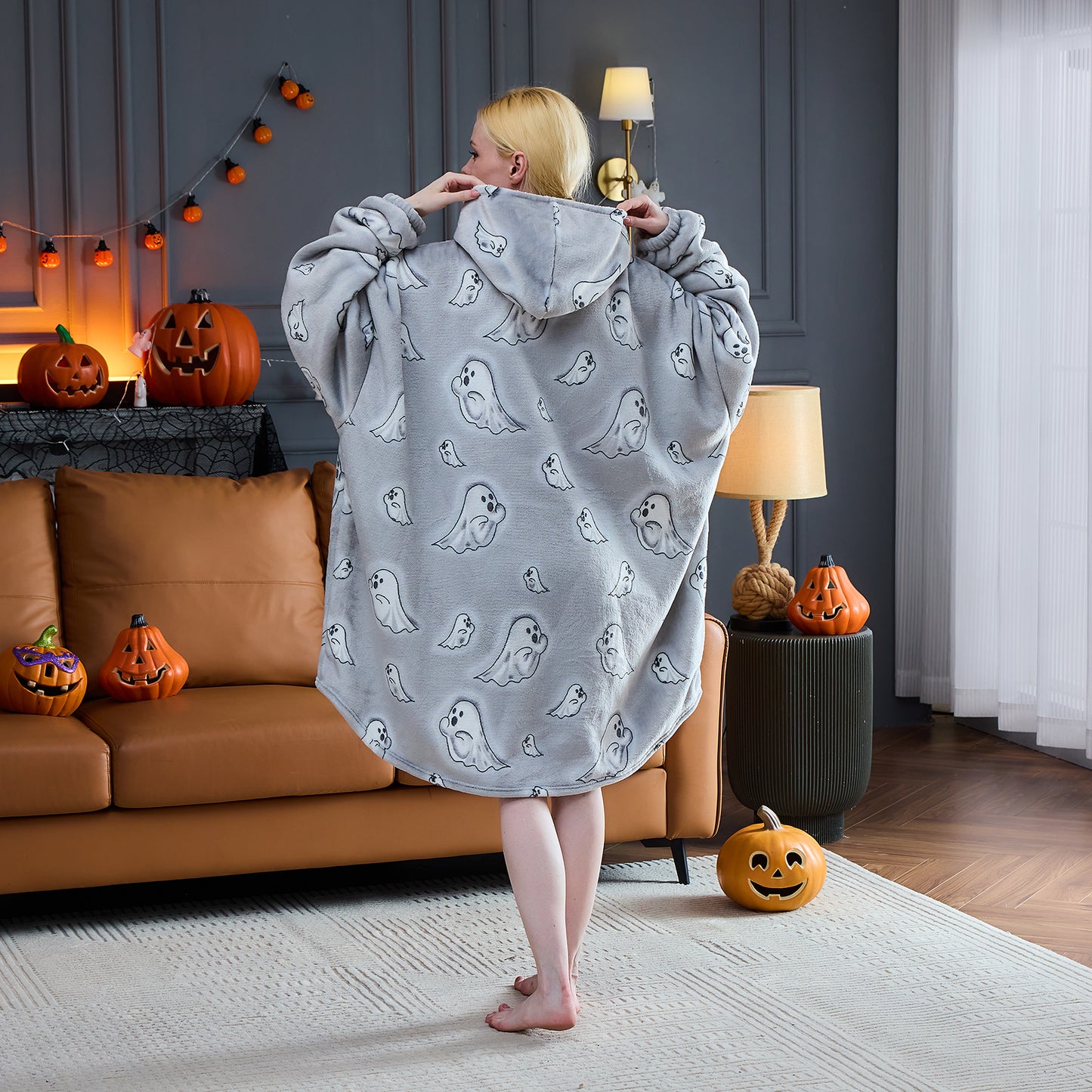 Ghost Patterned Sherpa Hoodie Blanket