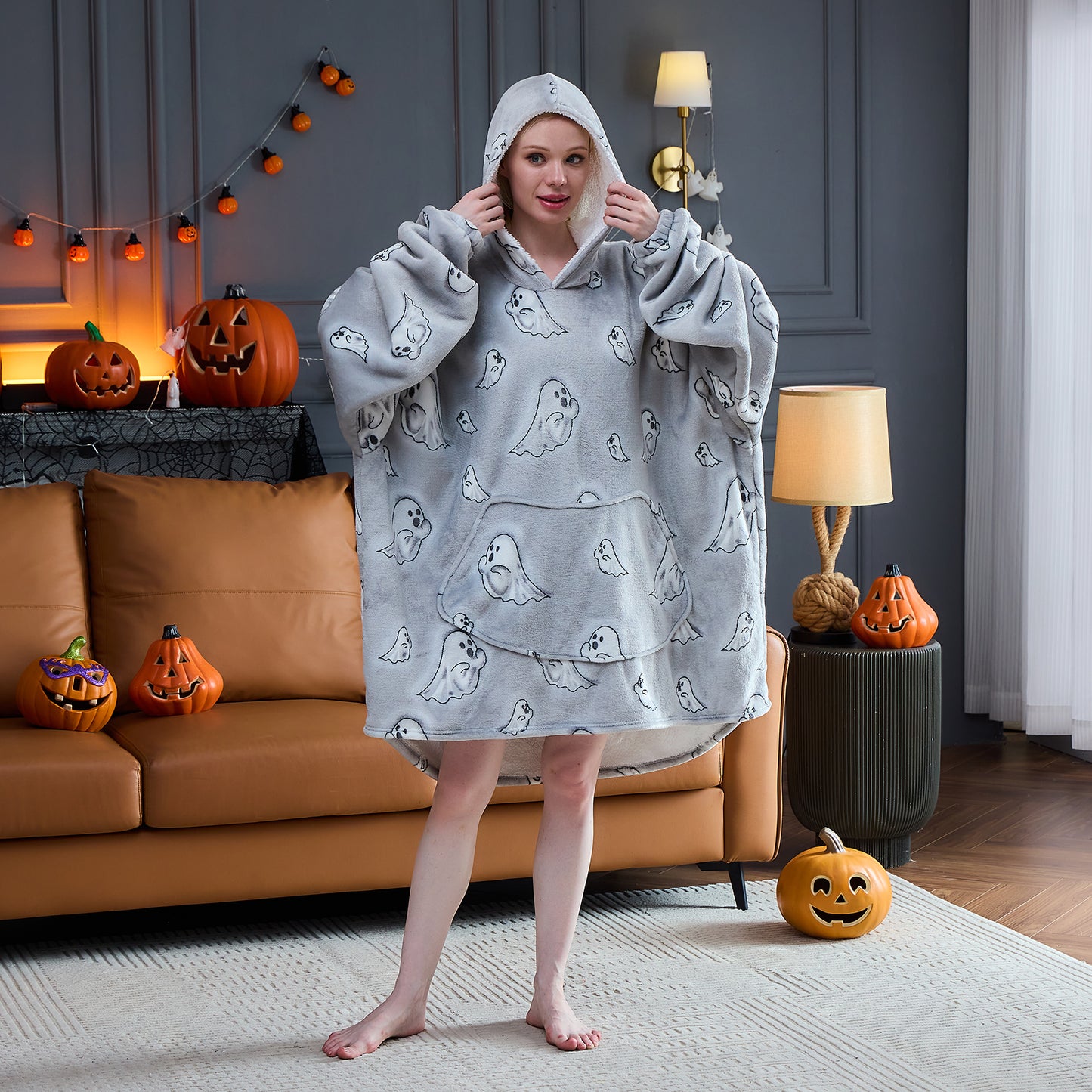 Ghost Patterned Sherpa Hoodie Blanket