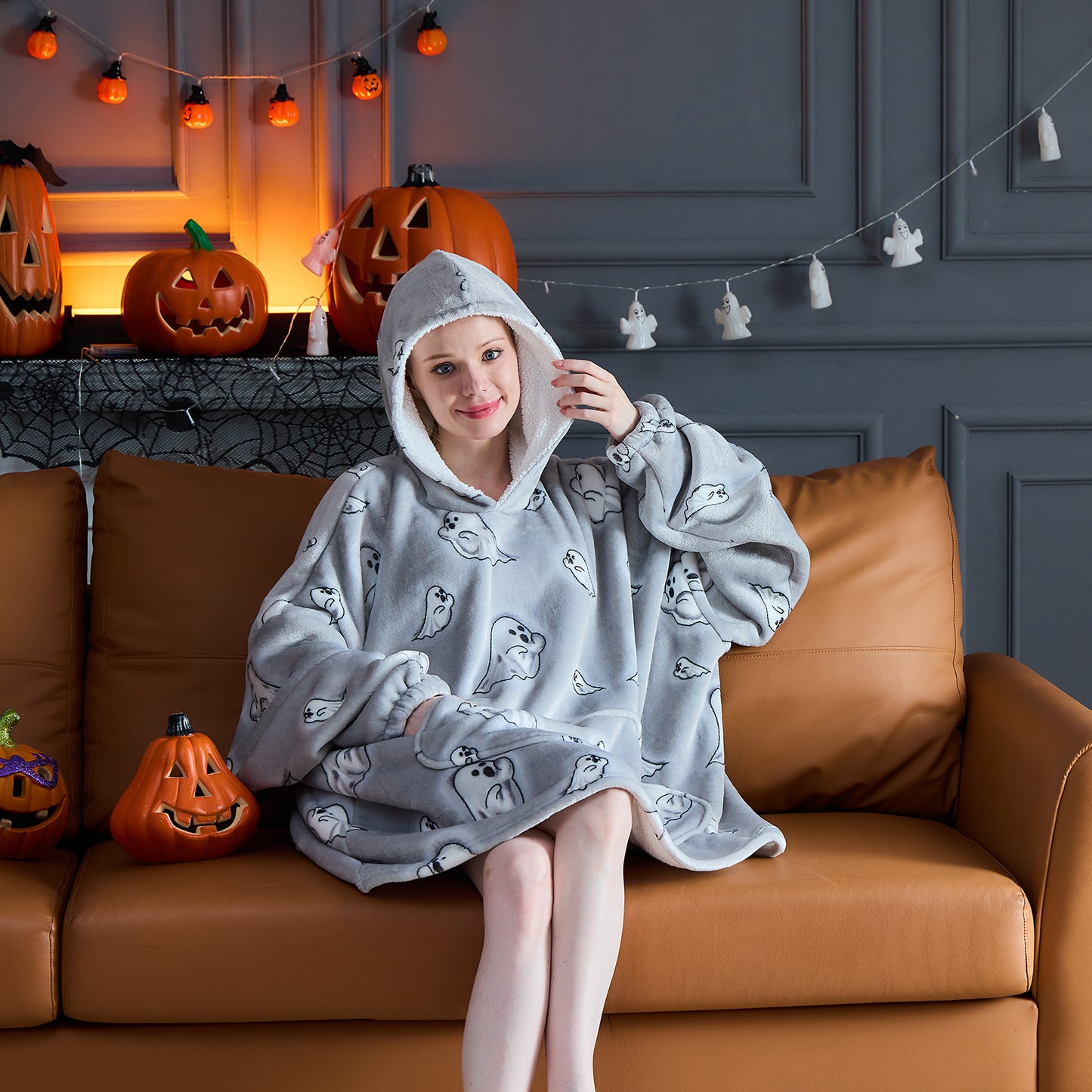 Ghost Patterned Sherpa Hoodie Blanket