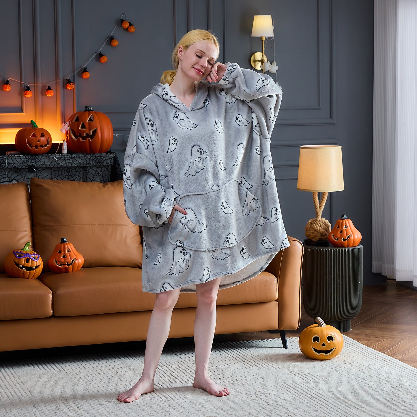 Ghost Patterned Sherpa Hoodie Blanket