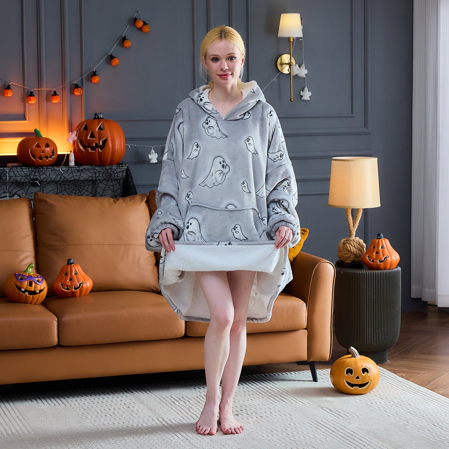 Ghost Patterned Sherpa Hoodie Blanket