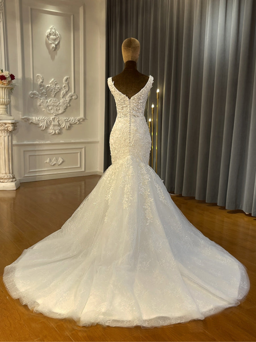 Beach Straps Illusion V Neck Applique Mermaid Wedding Dresses