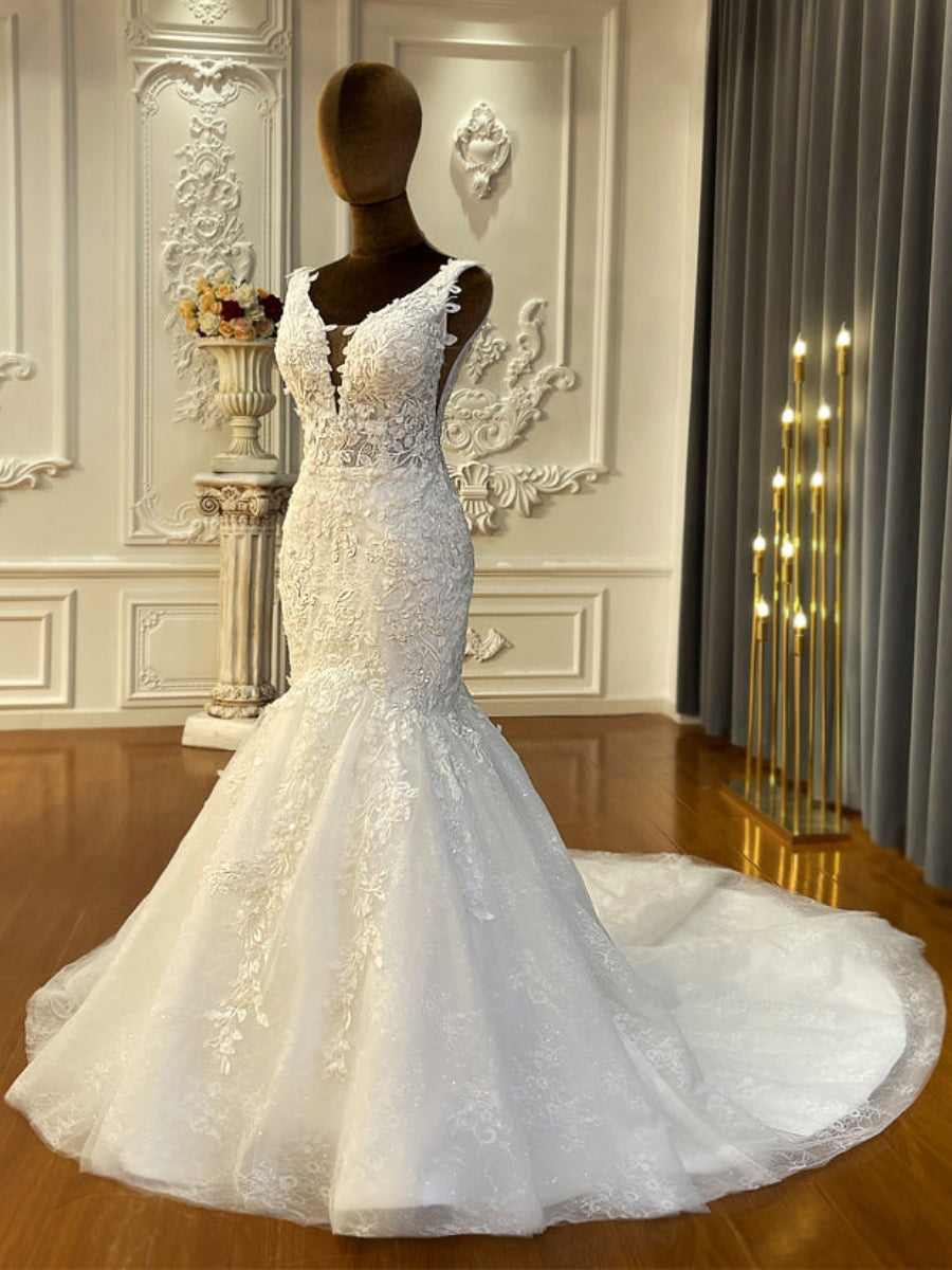 Beach Straps Illusion V Neck Applique Mermaid Wedding Dresses