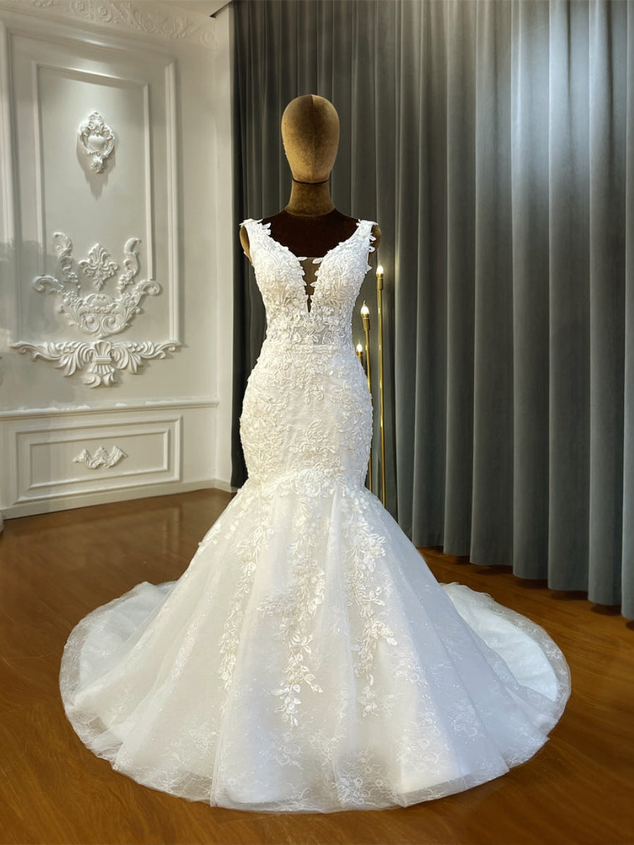 Beach Straps Illusion V Neck Applique Mermaid Wedding Dresses
