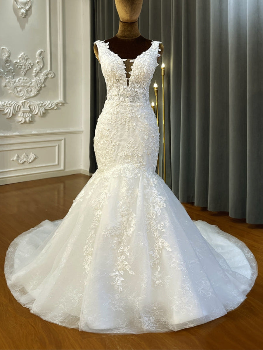 Beach Straps Illusion V Neck Applique Mermaid Wedding Dresses