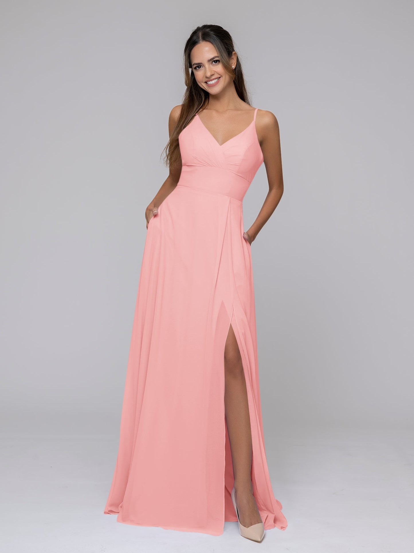 V Neck Spaghetti Strap Chiffon Bridesmaid Dresses With Slit