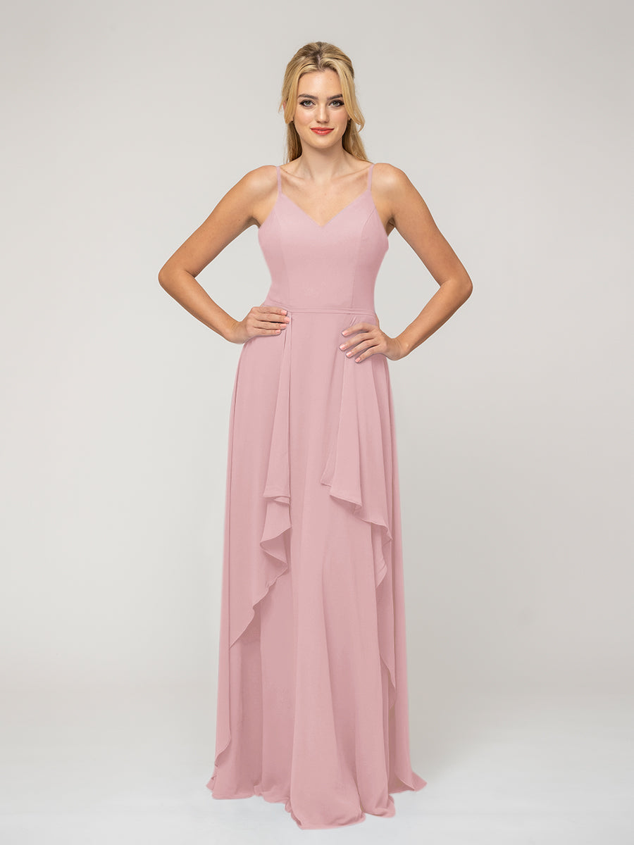 A Line Princess Spaghetti Strap Chiffon Bridesmaid Dresses