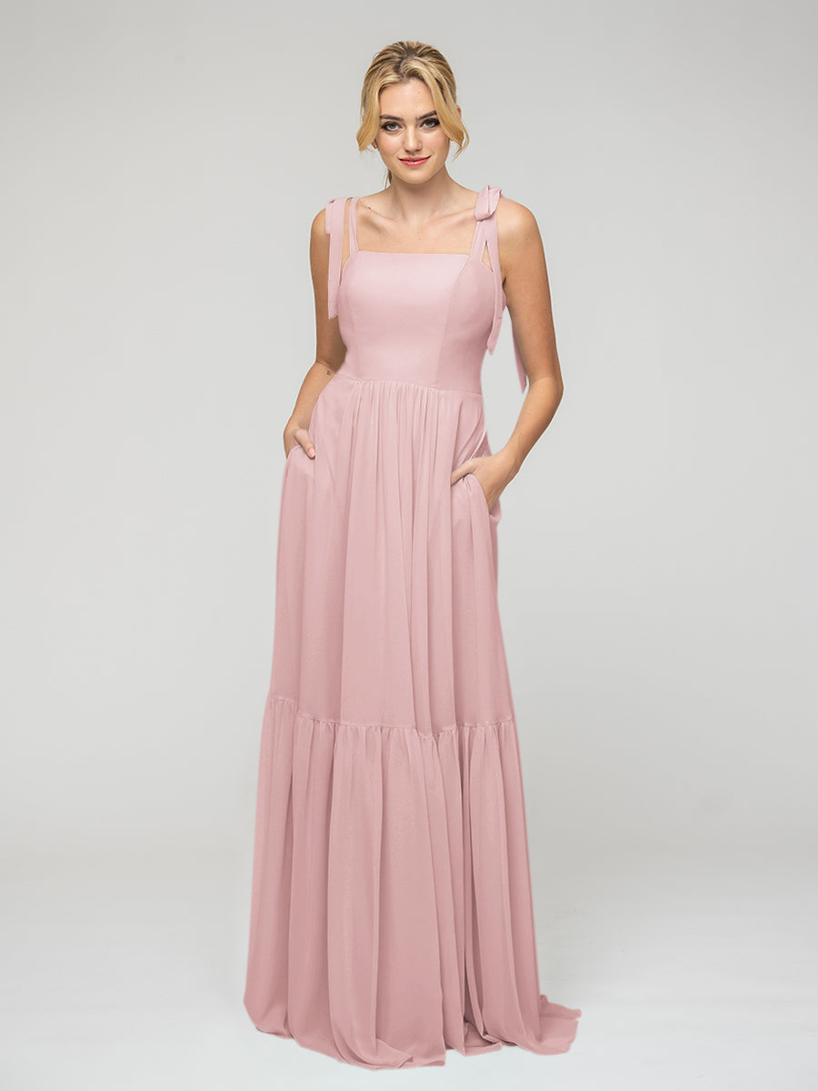 Tied Strap Tiered Smock Open Back Chiffon Bridesmaid Dresses