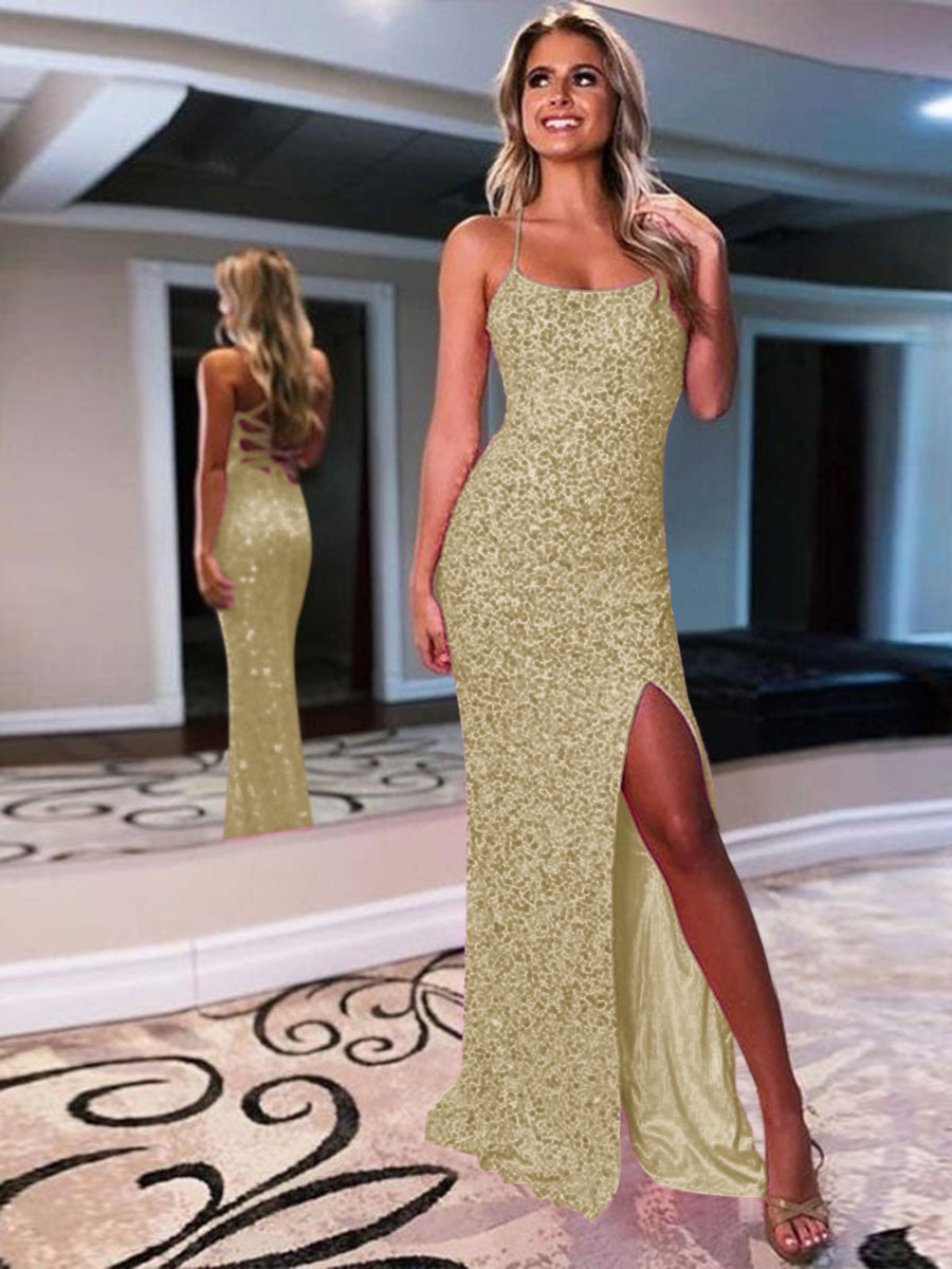 Sheath Spaghetti Straps Sleeveless Long Velvet Sequin Prom Dress