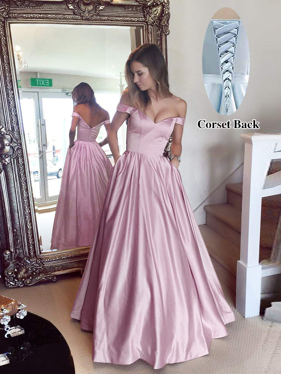Off The Shoulder Beaded Satin A Line Prom Dress With Pocket