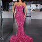 Mermaid Spaghetti Straps Sleeveless Long Sweep Train Velvet Sequin Prom Dress