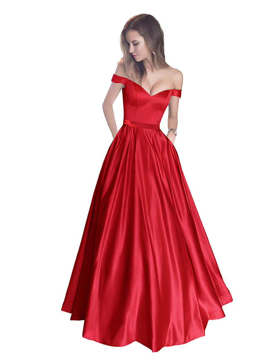 Off The Shoulder Beaded Satin A Line Prom Dress With Pocket